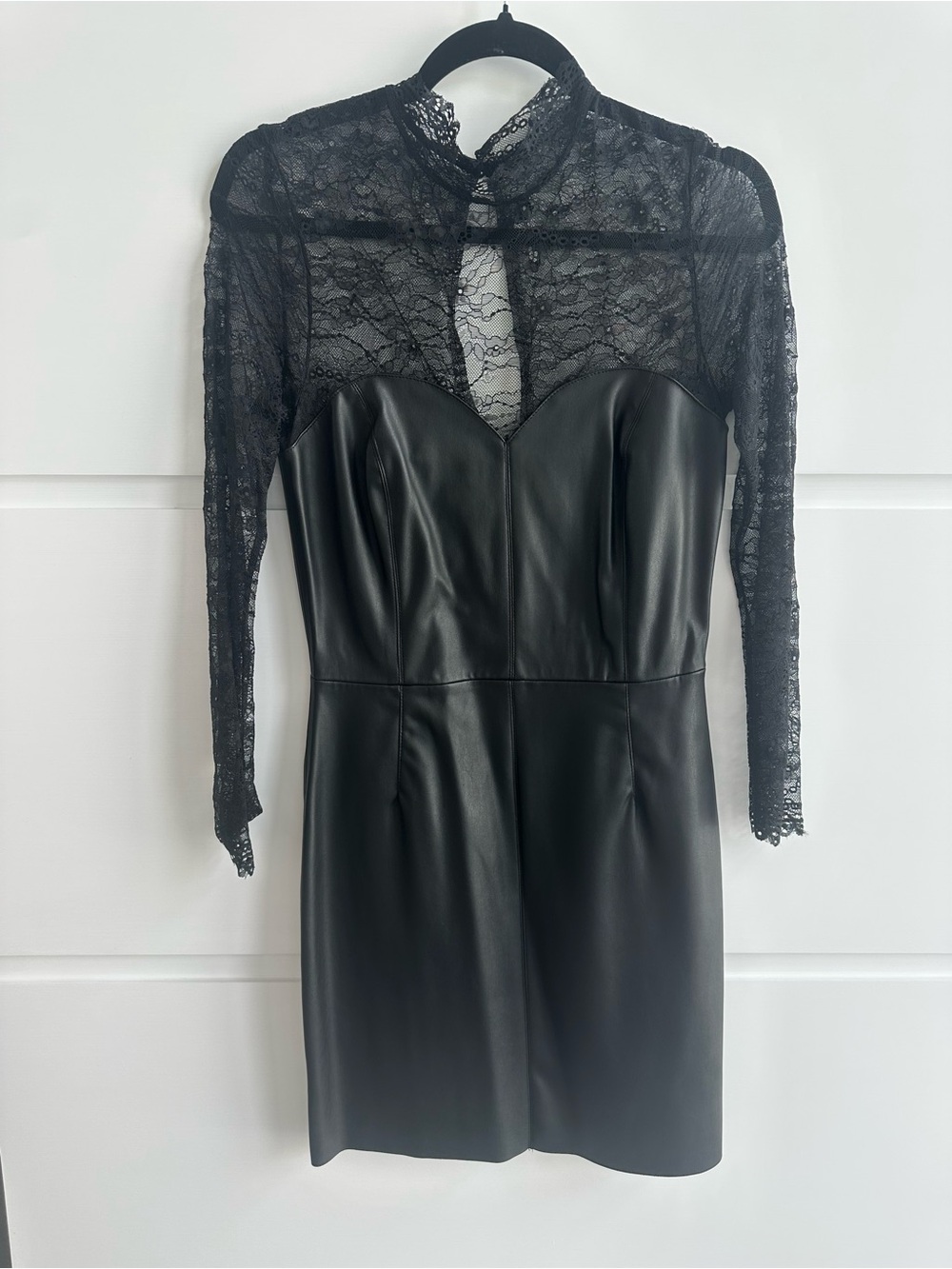 Zara Black Faux Leather Bodycon Dress with Lace Sleeves